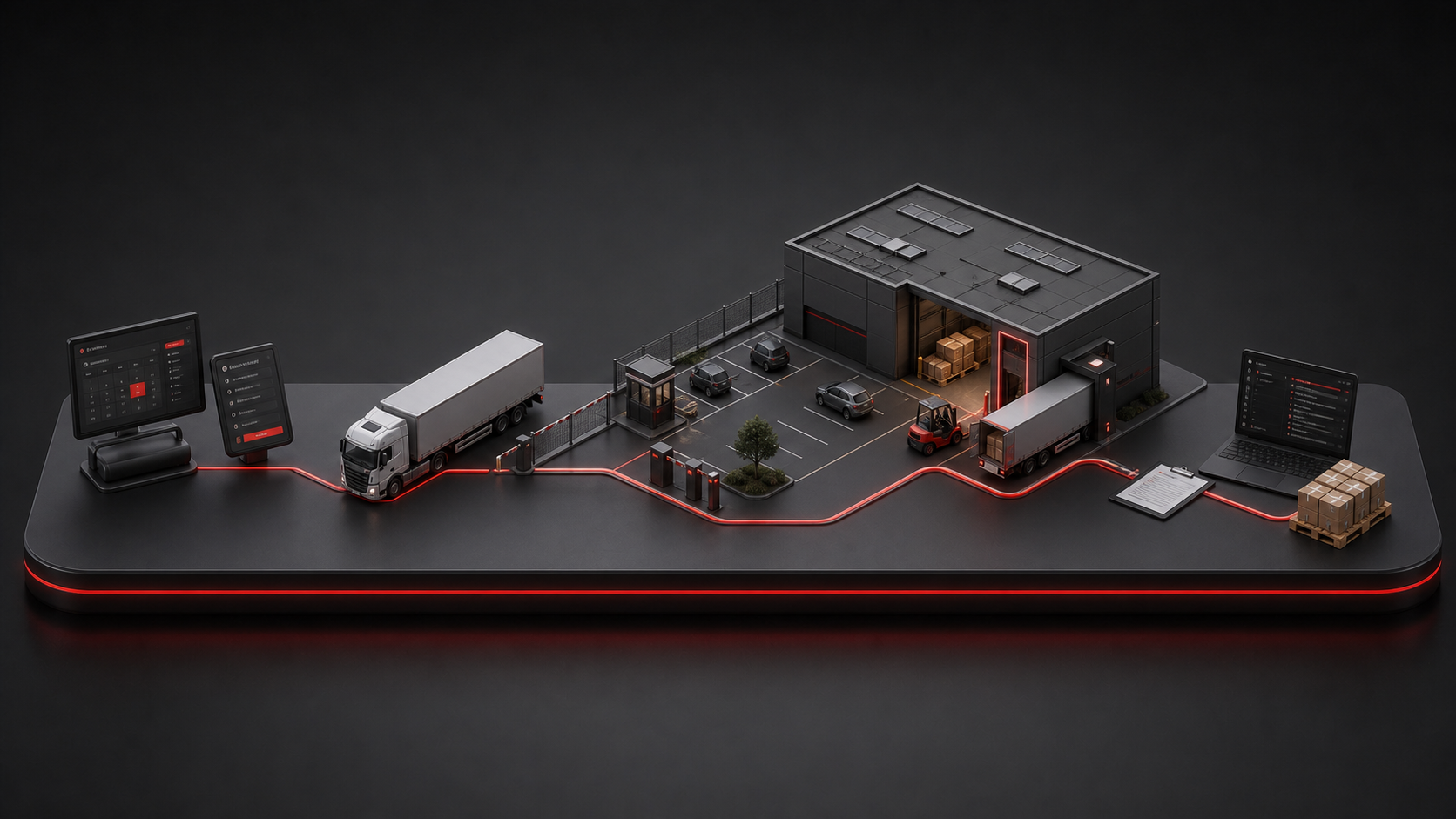 Vernetzter Logistikstandort mit Lkw, Hof, Tor und digitalem Prozess