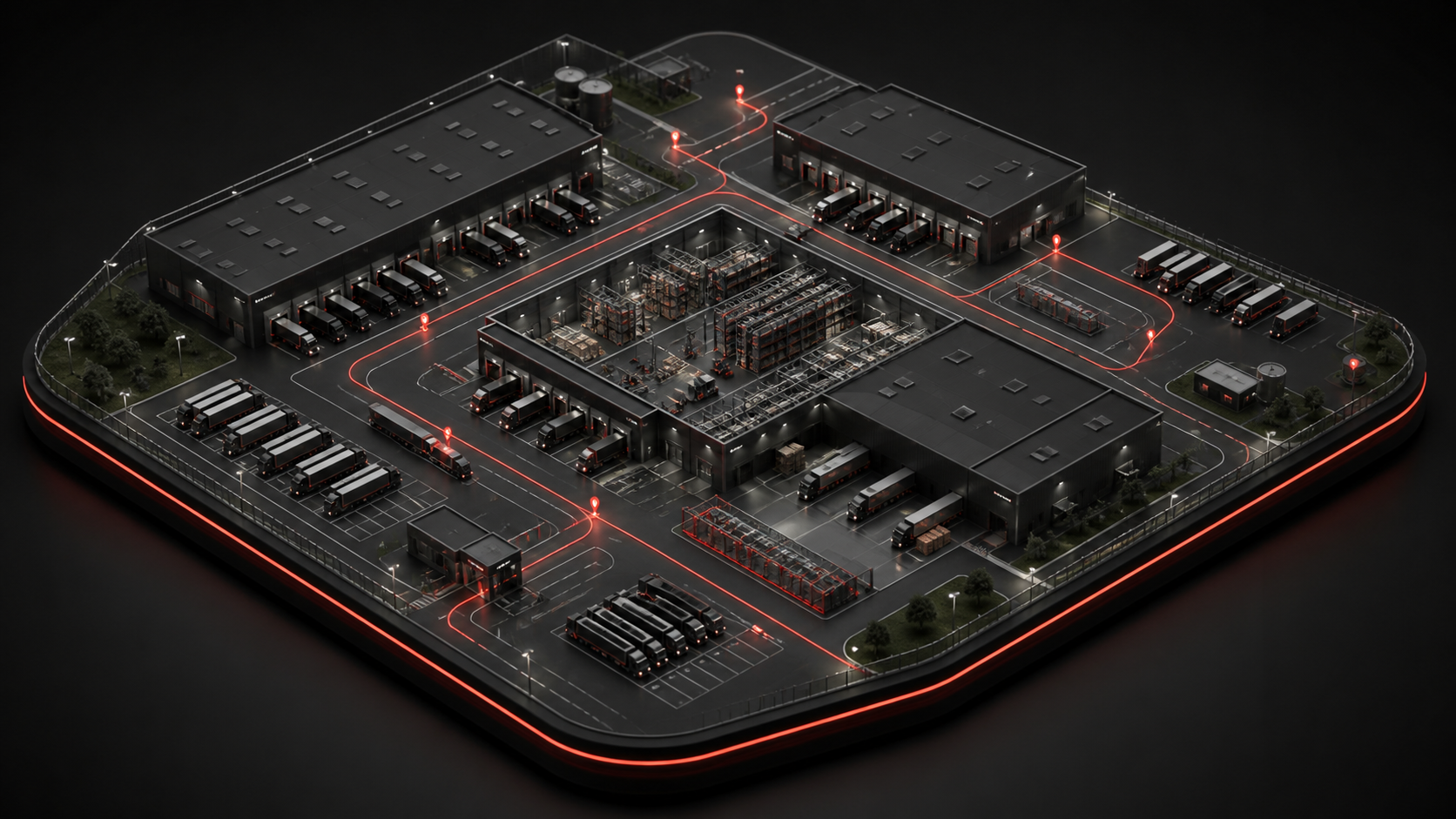 Digital geplantes Standortlayout mit Hallen, Toren und Lkw-Fahrwegen